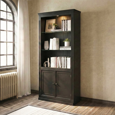 3-Tier Display Shelf with 5-Colours Dimmable Ceiling Light, Freestanding Farmhouse Bookcases with Storage & Doors