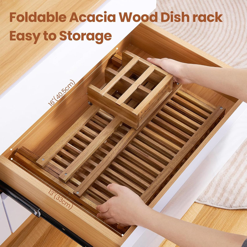 Acacia Wooden Dish Drying Rack For Kitchen Counter 2-Tier Collapsible Bmaboo Dish Drying Rack With Utensil Holder-Large Folding Dish Drainer Rack With Flatware Holder 34 Pcs Grid
