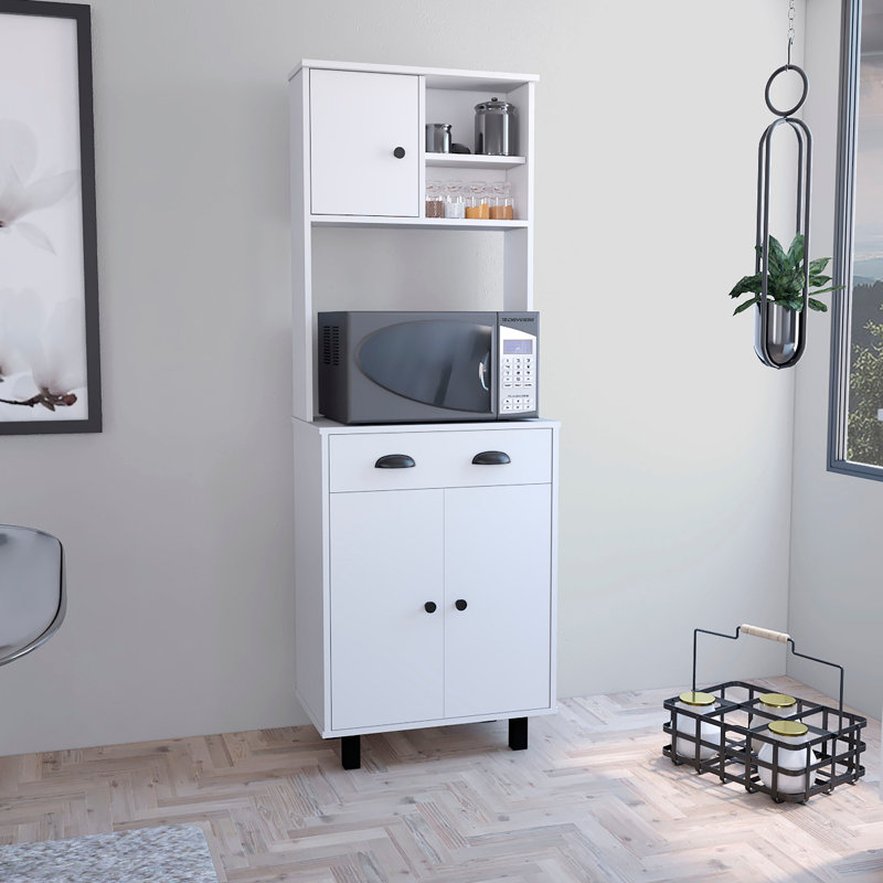 Garde-manger avec 2 armoires, 2 tablettes ouvertes et un tiroir, Blanc