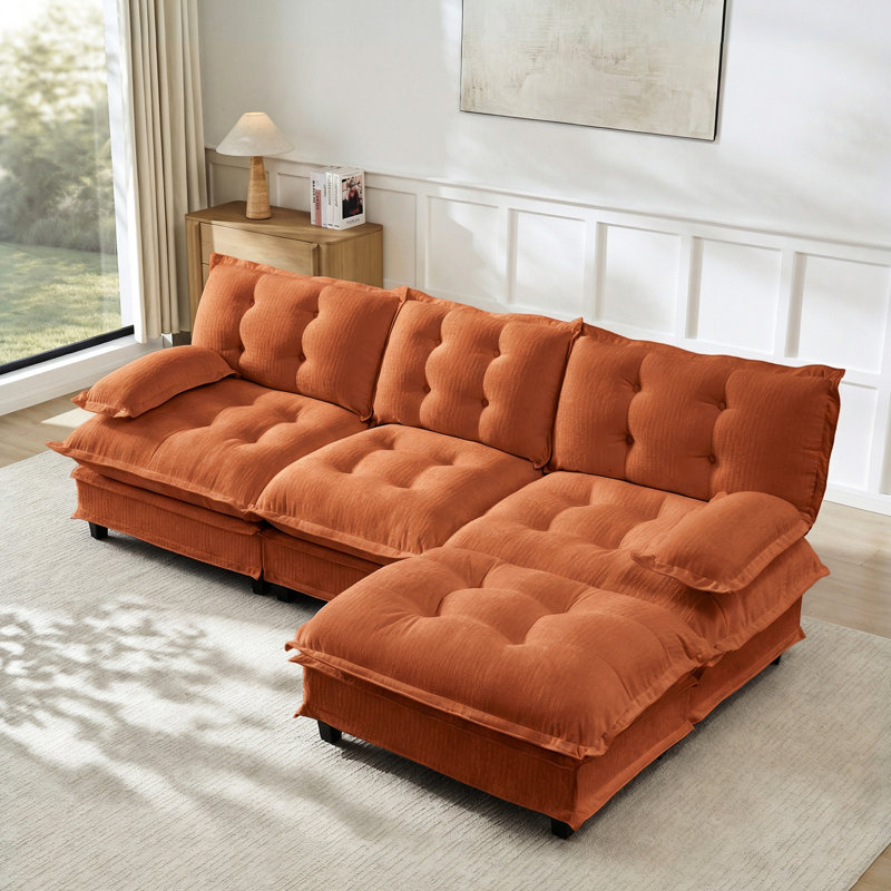 Chenille orange à 3 places en forme de L, canapé modulaire en forme de nuage de L 107 po avec coussins, matériaux d'assemblage à fermeture à glissière simple, facile
