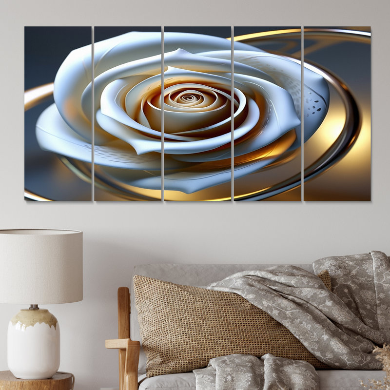 Exquiste rose avec pétales glamour dorés - reproduction d'art sur toile rose - 5 panneaux égaux