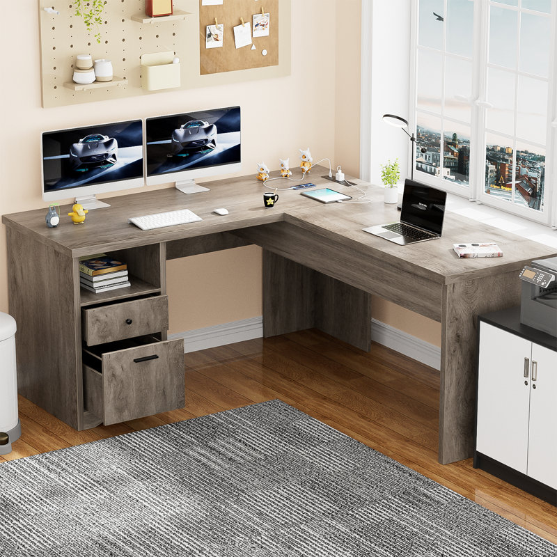 Swapan 56'' Lift Top L-Shaped Desk with Drawers and Power Outlets, Executive Desk, Washed Oak