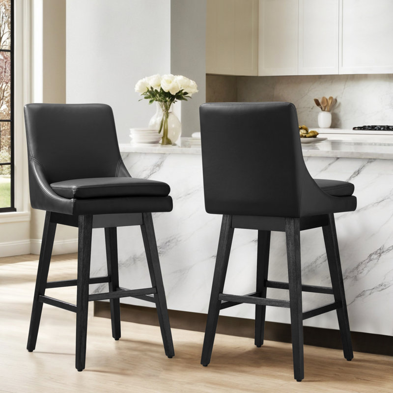 Aleksy Swivel Upholstered Counter Stool with Solid Wood Frame, Bar Stool (30" Seat Height), Black
