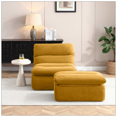Fauteuil à billes 32 po avec repose-pieds, grande chaise longue pour adultes, canapé rembourré capitonné pour le salon, la chambre à coucher, jaune