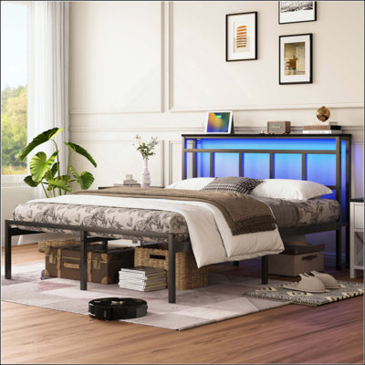 Frame With Storage Headboard, Metal Platform Bed Frame With USB-C,Type-C And LED Light