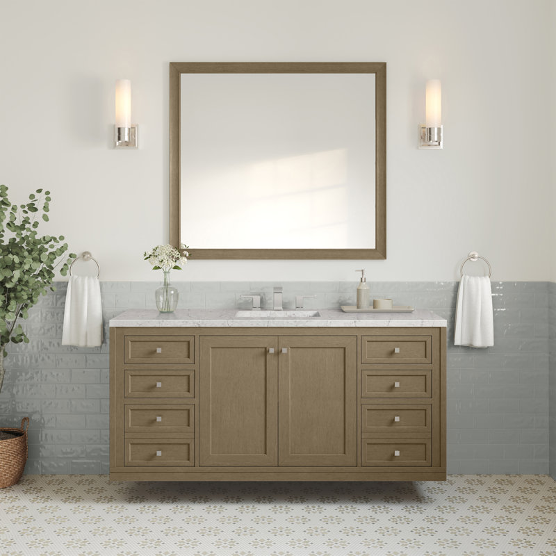 Chicago 60"W Single Vanity W/ Freepower Wireless Charger, Walnut Whisper, Eternal Jasmine Pearl