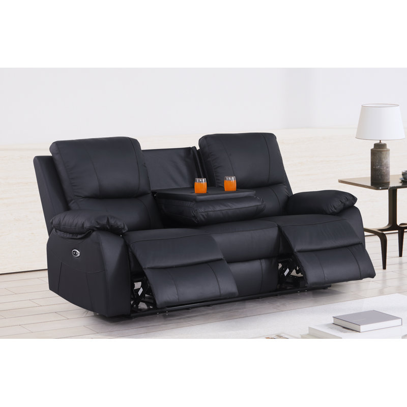 Devyne 79'' Leather Power Reclining Sofa, Black Genuine Leather