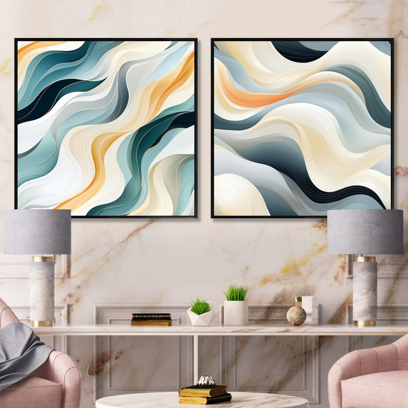 Coastal Reflections - Ensemble de 2 collages carrés abstraits, Cadre flottant noir, H 16 po x l 33 po