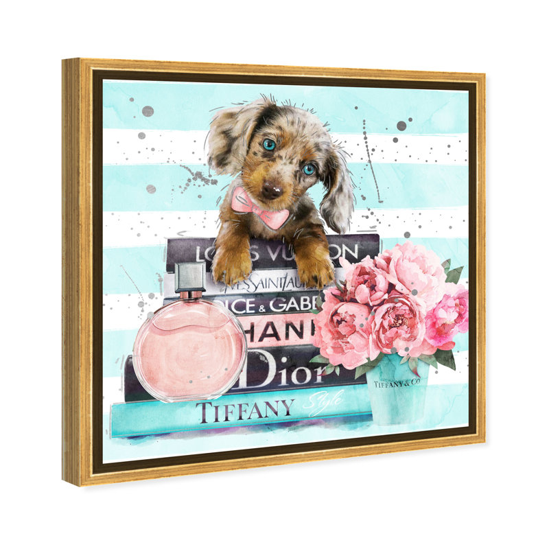 «Doxie Mint Blue», impression sur toile, Cadre flottant doré, H 24 po x l 24 po