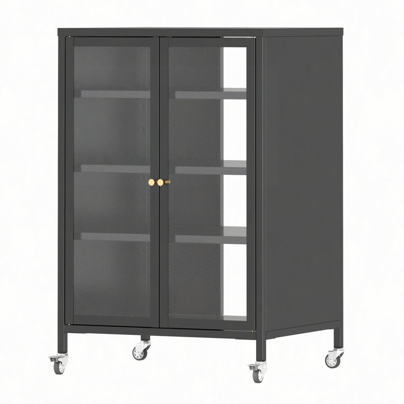 Armoire de rangement multimédia haute de 35,8 po avec roulettes, meuble télé stéréo AV avec 4 tablettes et porte réglables en verre, structure en acier robuste pour le salon, assemblage facile