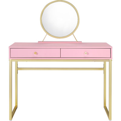 Bureau de coiffeuse chic rose et doré avec miroir et plateau à bijoux, 2 tiroirs pour un rangement élégant pour le maquillage