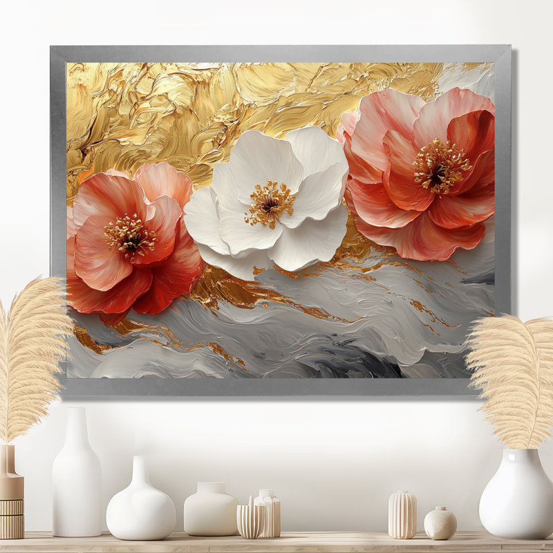 Pivoines dorées rouges sur l'horizon de marbre I - pivoines, art mural, H 12 po x l 20 po, Cadre simple, Argent argent