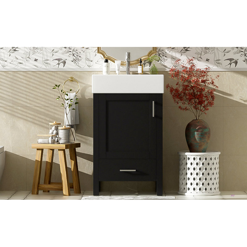 Meuble-lavabo moderne de 20,28 po avec lavabo en céramique, structure en bois massif et tiroir - idéal pour les petites salles de bain.