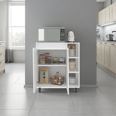 Garde-manger moderne autoportant blanc avec armoire à 2 portes, 3 tablettes latérales ouvertes et surface pour micro-ondes, optimisé pour les salles à manger, matériau en panneau de particules, largeur compacte de 31,3 po