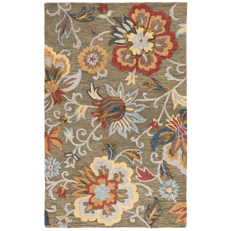 Blossom Hand Tufted Wool Cotton Floral Rug in Red/Green, Rectangle 3' x 5'
