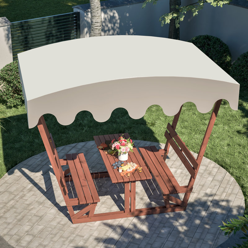 Outdoor Solid Wood Picnic Table And Bench Set With Removable Canopy - Suitable For All-Weather Patios, Gardens, Decks, Parks, Beaches