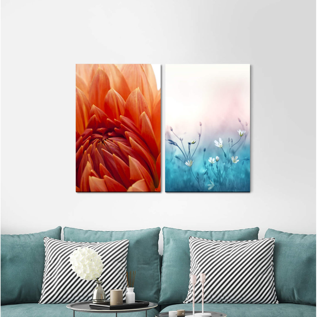 2-tlg. Leinwandbilder-Set - Grafikdruck „Dahlia Blossom Red Flowers Blue Spring Flower Meadow”