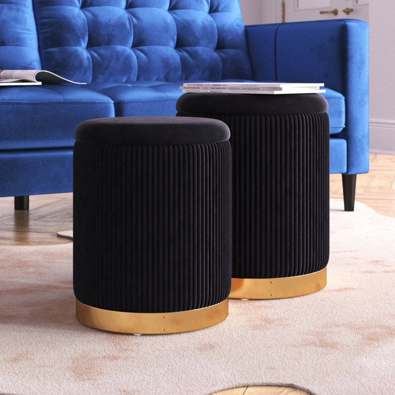 Repose-pieds rond en velours Callum, Noir, noir, noir, noir