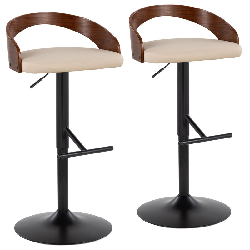 Cream Adjustable Swivel Bar Stool with Walnut Backrest
