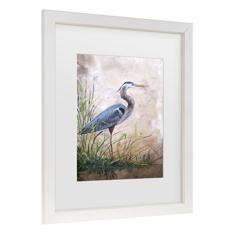 «Heron In The Reeds», art encadré par Jean Plout, Blanc, H 16 po x l 13 po x P 0,75 po