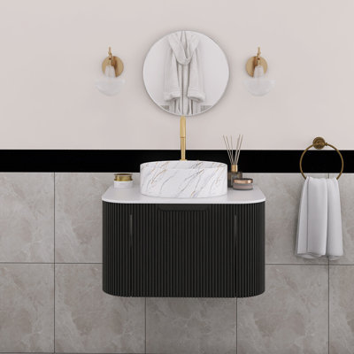 24 po Meuble-lavabo mural simple flottant en bois naturel avec plateau en marbre artificiel
