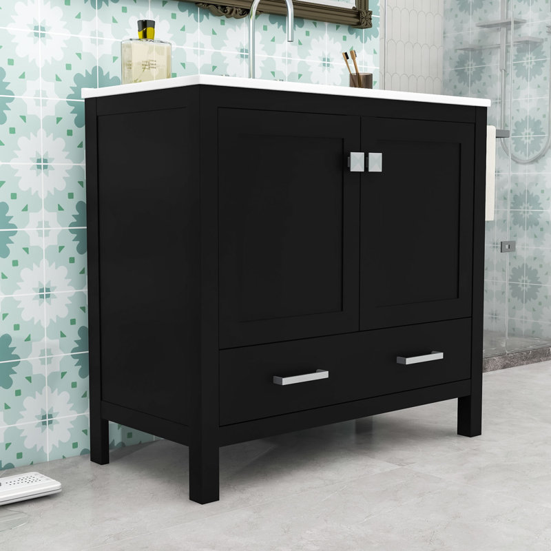 Meuble-lavabo en bois avec lavabo en céramique, tiroir de rangement et tablettes, Noir