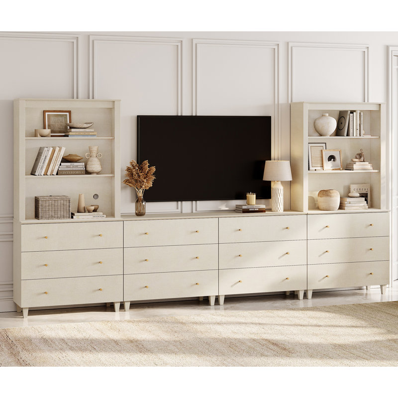 Entertainment Center And Bookshelves Set With Drawers For 75" Tvs, Oak