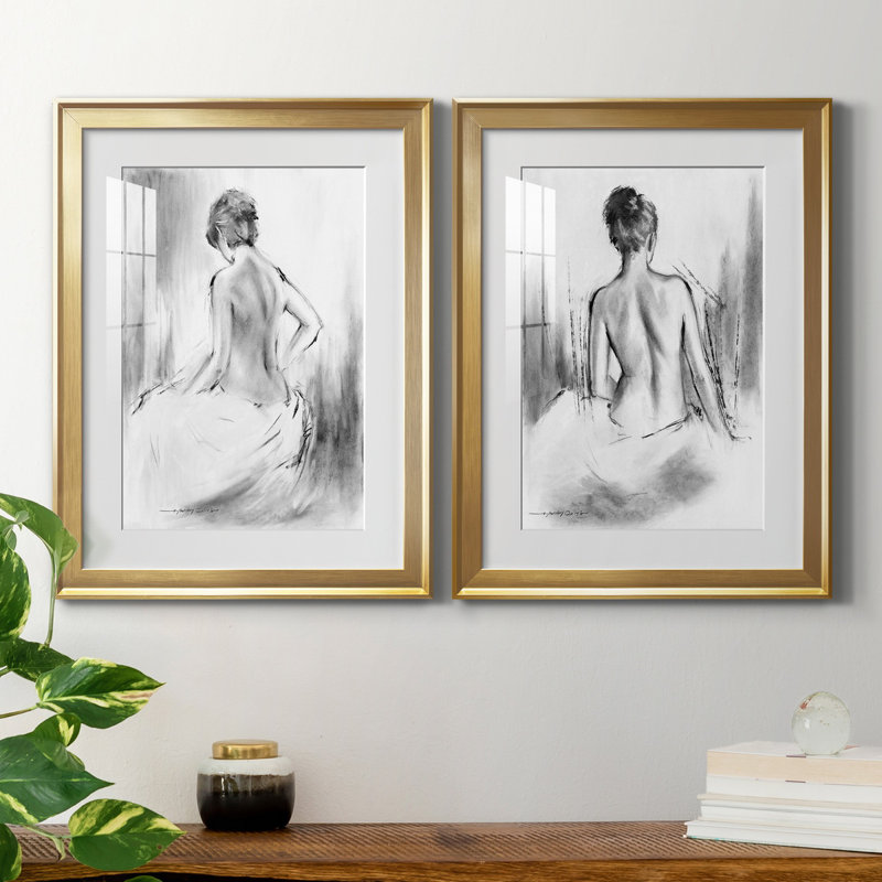 «Soft Silhouette V», ensemble de 2 reproductions sur toile, H 18,5 po x l 49 po, Impression encadrée avec passe-partout, Doré