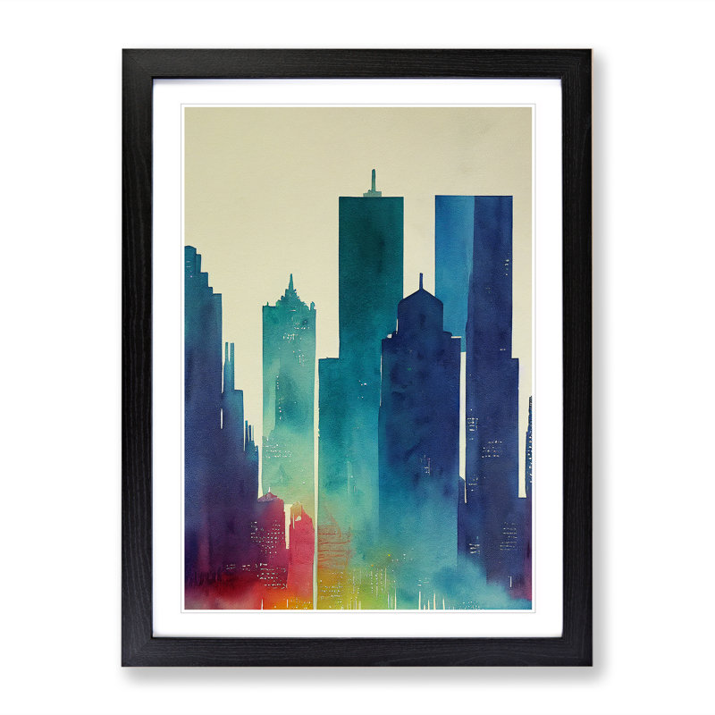 City Skyline Watercolour No.7 - Painting, 66cm H x 48cm W x 2cm D, Black Framed, White