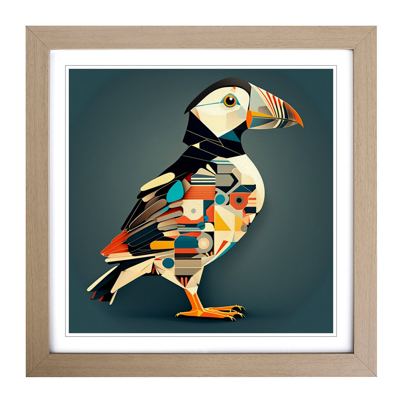 Puffin Constructivism - Single Picture Frame Print on Wood, Oak
