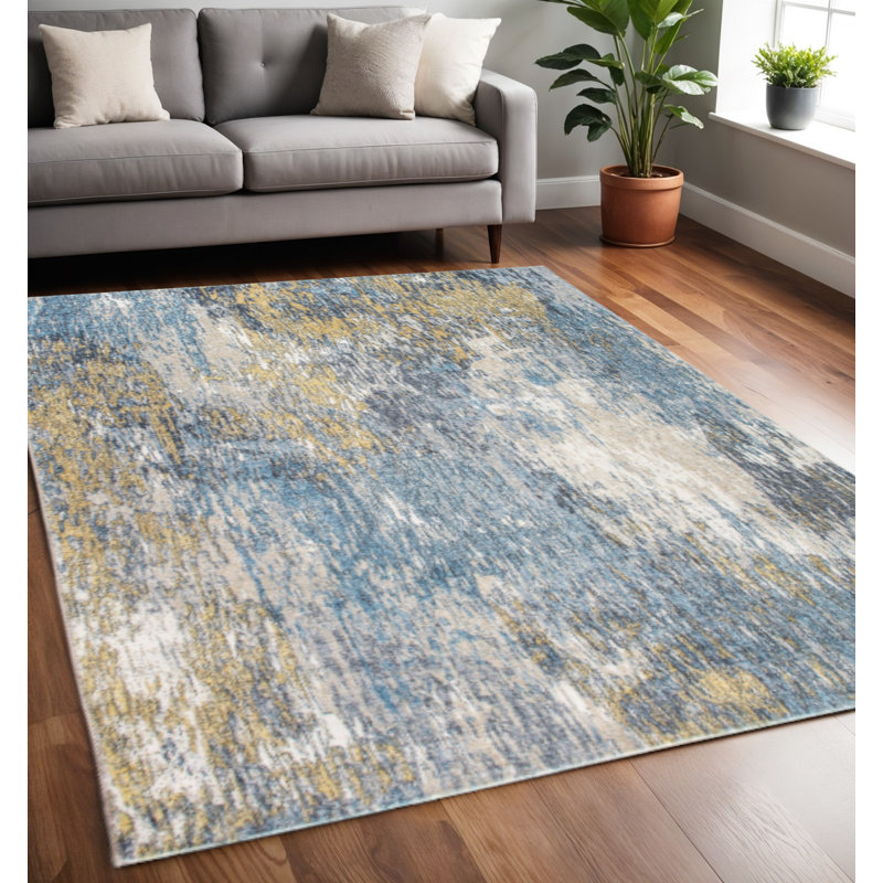 Tapis de couloir moderne bleu et abstrait, Rectangle 5 pi x 8 pi