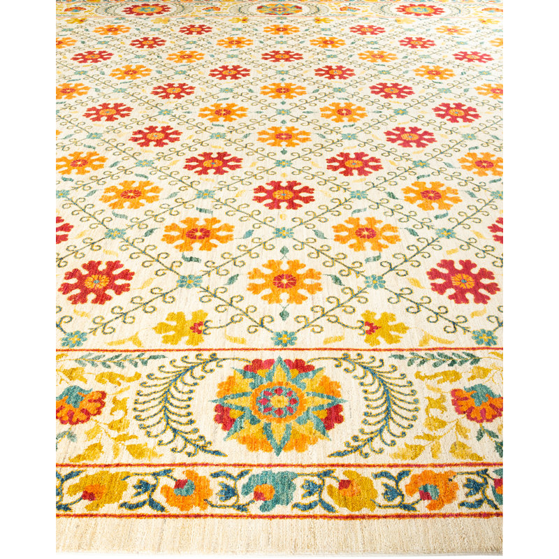 Tapis ivoire / rouge noué à la main de conception unique 12 pi 5 po x 19 pi 1 po Yves