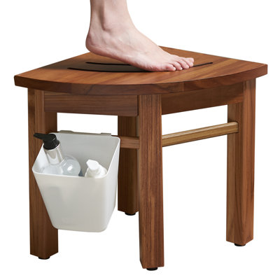 Tabouret de douche en teck de 12 po Ebern Designs pour pieds de rasage, tabouret de douche d'angle pour douche intérieure, banc de douche en teck imperméable pour la salle de bain, petit tabouret de douche en bois pour repose-pieds, intérieur ou extér