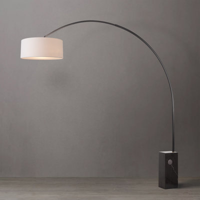 Iconic 95" Arc Lamp - Mid-Century Modern, Black Nickel Steel, Black Marble Base, White Linen Shade, Dimmable, 22"D x 9"H, Bulb Included