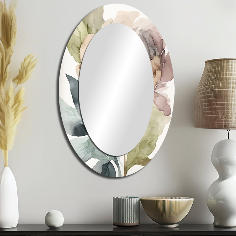 Pink Watercolour Peony Blossoming II - Pink Traditional Oval Wall Mirror, 36" x 24"