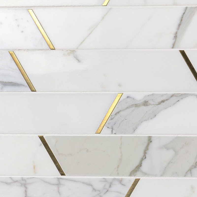 Matrix 10x25 Trapezoid Calacatta Marble and Brass Mosaic Tile
