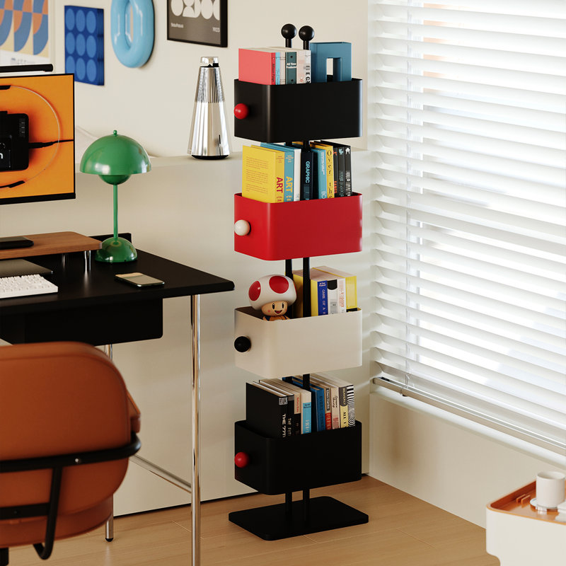 Vertical Colorful 4 - Shelf Metal Display Rack In Artsy Casual Classic Art Style For Primary Living Space, Closed Back Panel, 90 Angle Wall Corner, 9.81In Deep, 13.89In Wide, 51.11In High, Space