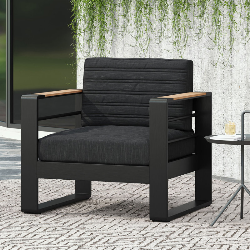 Chaise d'extérieur avec accoudoirs et coussin moelleux, Noir