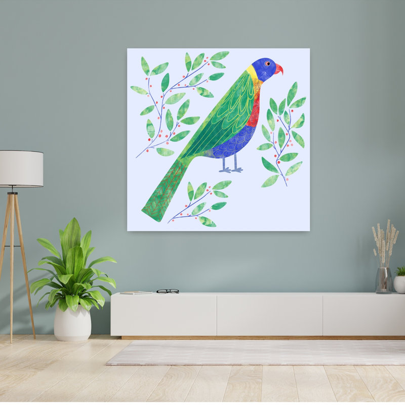 Oiseau tropical coloré, vibrant et fantaisiste, impression d'art mural sur le thème de la nature tropicale, H 48 po x l 48 po