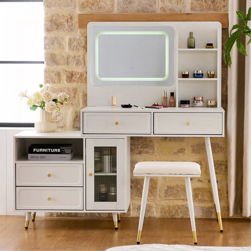 Bureau de coiffeuse moderne avec miroir et lumières, coiffeuse rétractable avec tiroirs et armoire, ensemble de table de maquillage compact avec prise de courant pour la chambre à coucher, blanc