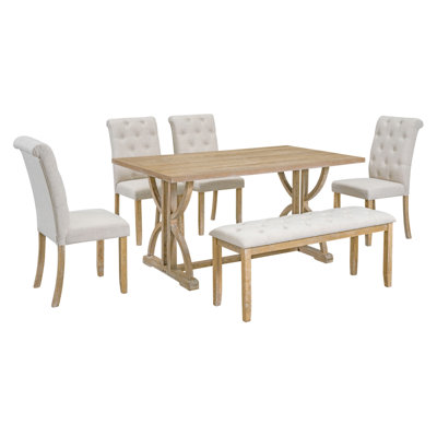 6-Piece Retro Rectangular Dining Table Set, Table With Unique Legs And 4 Upholstered Chairs & 1 Bench For Dining Room And Kitchen -  STYLISH, OKKK612-ST000099AAD