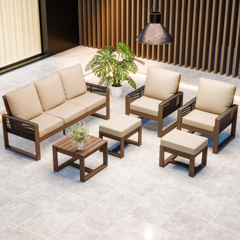 Ensemble de conversation 6 pièces avec canapé en bois massif et assise en cèdre, Beige
