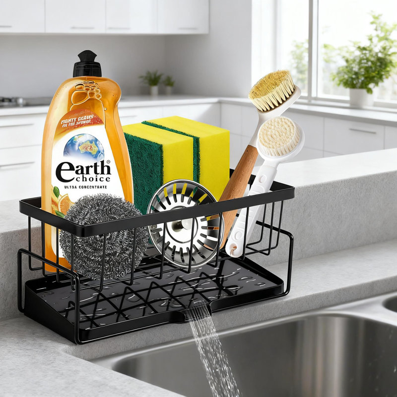 Organisateur d'évier de cuisine avec base autodrainante, éponge multifonctionnelle et porte-épurateur pour économiser de l'espace sur le comptoir