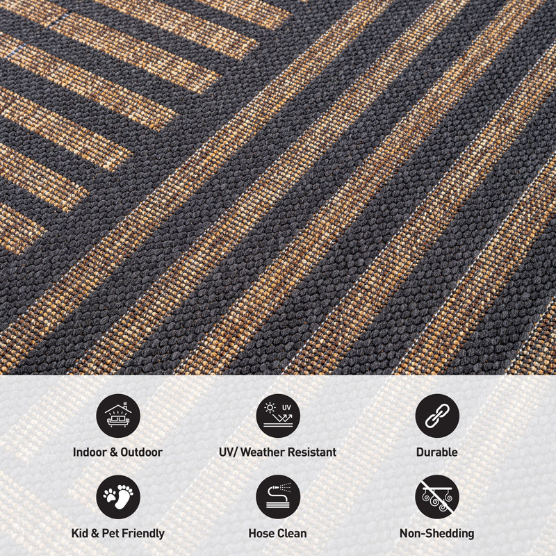 Geometric Dark Gray/Natural Easy-Care Jute-Style Indoor/Outdoor Flat Woven Area Rug, Dark Gray, Rectangle 5' x 7'