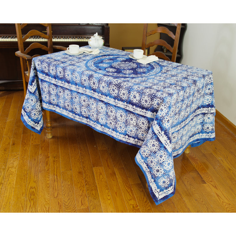 Marilis Geometric Cotton Tablecloth, 90" x 60", Blue
