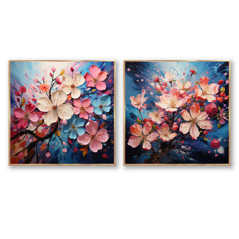 Fleur de pommier fauve délice - ensemble de collage floral carré de 2, Cadre flottant doré, H 16 po x l 33 po