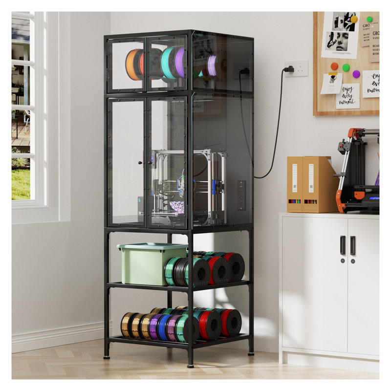 Armoire pour imprimante 3D à double couche avec rangement pour filament, acrylique noir et cadre en métal