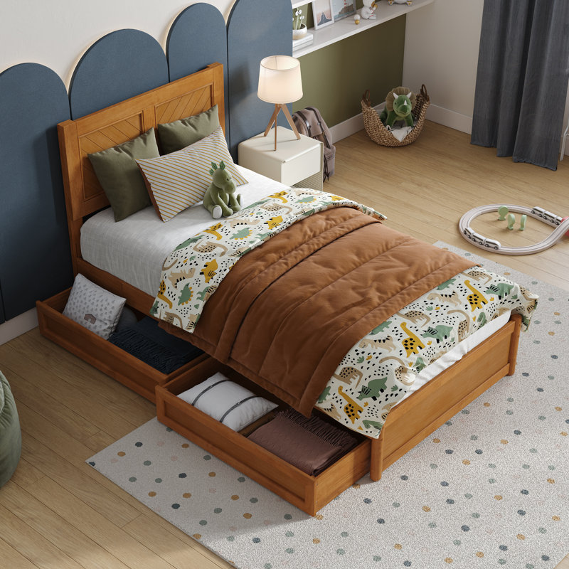 Lit plateforme en bois massif avec pied de lit et tiroirs sous le lit Lamarkus, Simple, Caramel clair