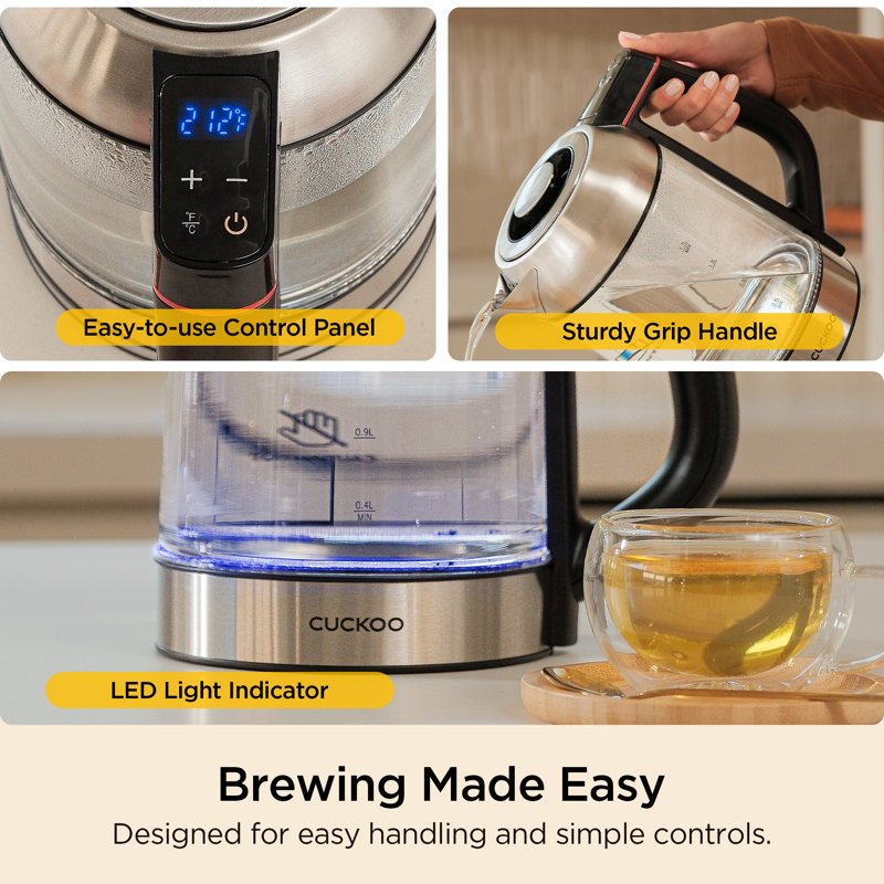 Bouilloire électrique avec infuseur et contrôle de la température CUCKoo 7 lumières DEL à chaleur de 1,7 L et acier inoxydable (CK-G170BS)