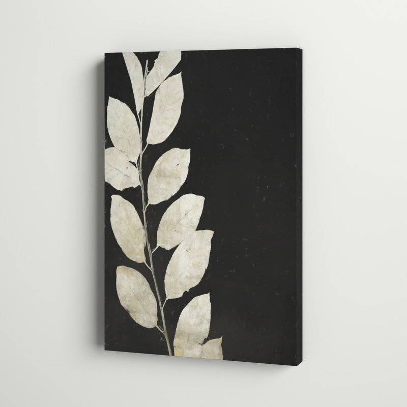 Tige feuillue noire et blanche - peinture sur toile tendue, H 48 po x l 32 po, Toile tendue, Sans cadre